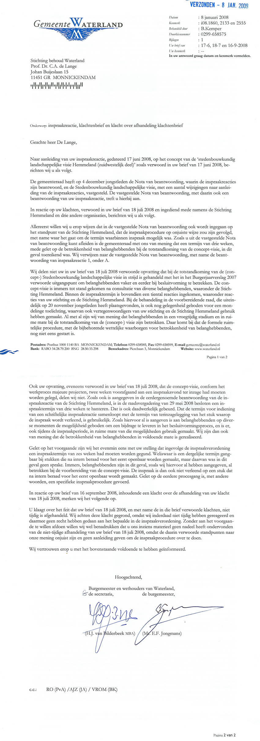 Brief gemeente over Hemmeland.