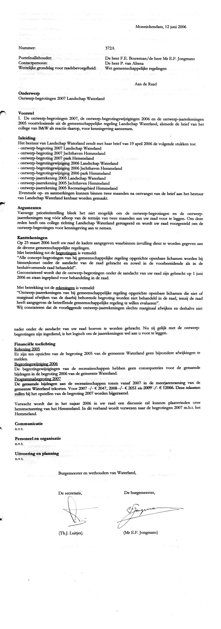 Brief aan raad 12 juni 2006
