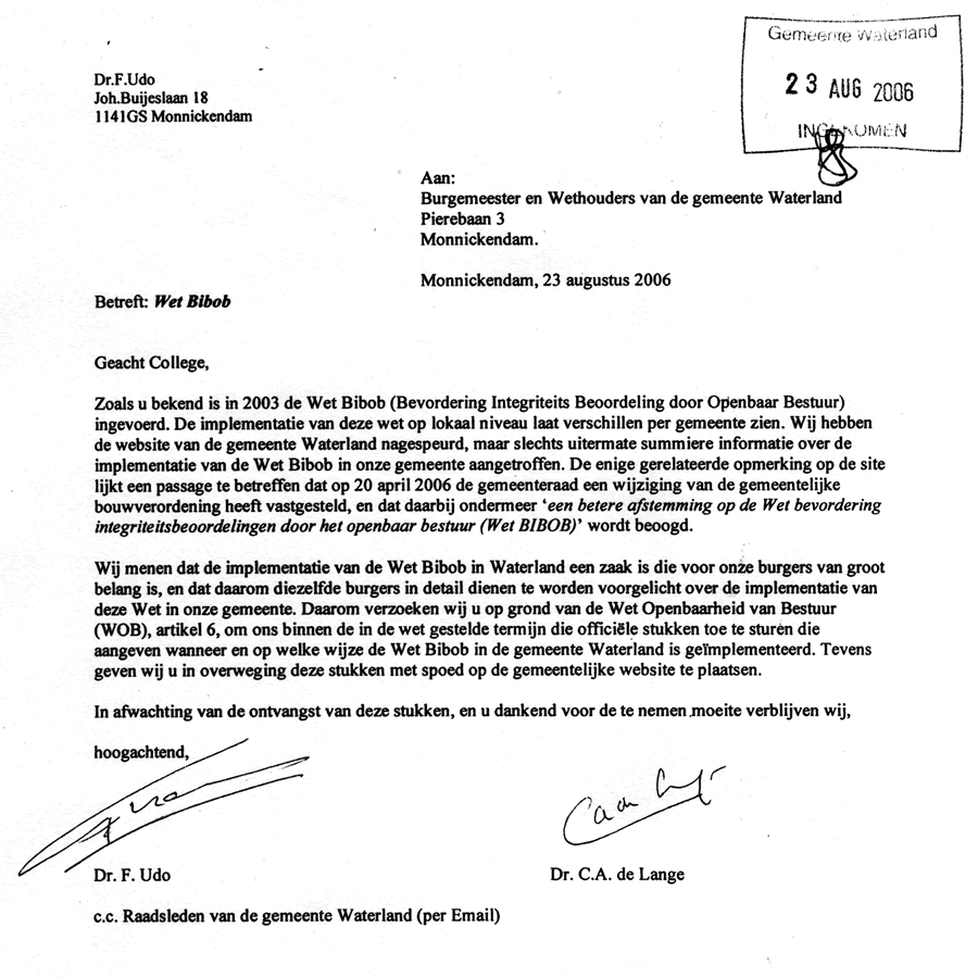 Brief over BIBOB 23 aug 2006