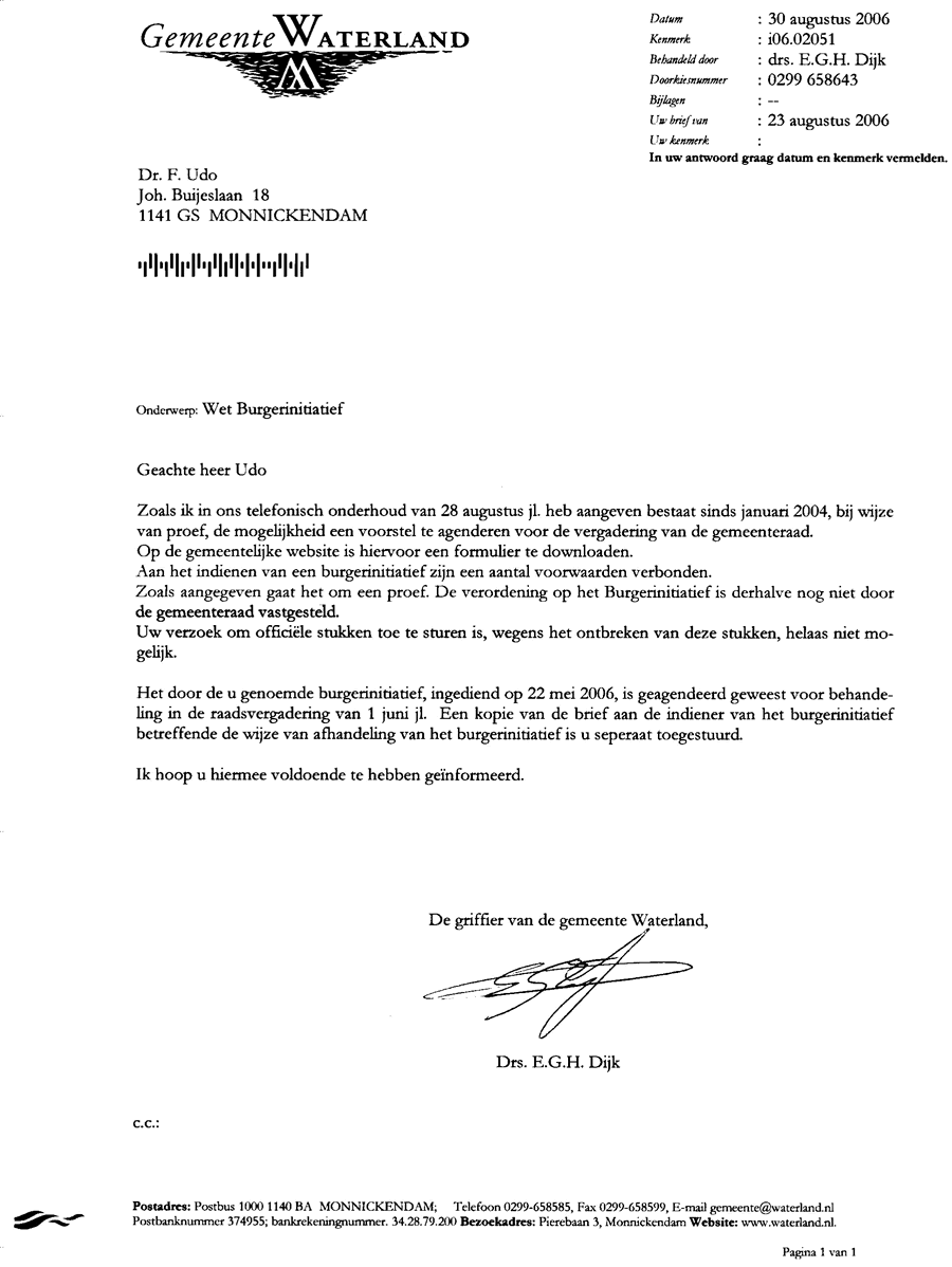 Brief gemeente over Burgerinitiatief 30 aug 2006