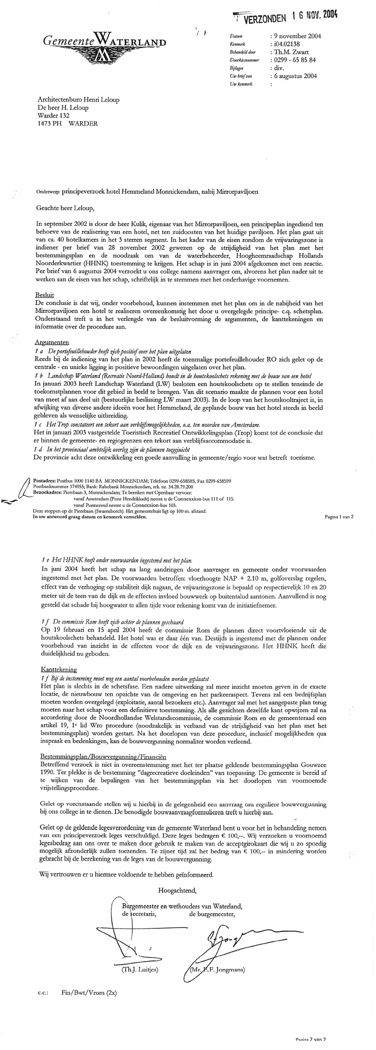 Brief van de Gemeente Waterland aan architect 9 november 2004