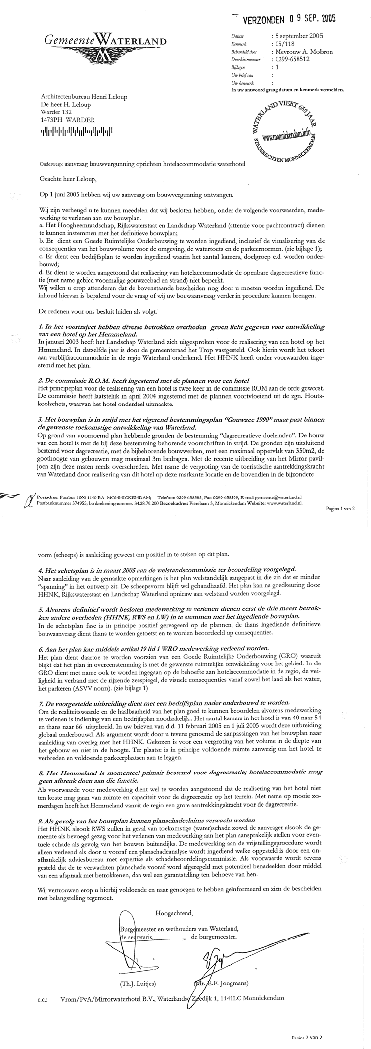 Brief van de Gemeente Waterland aan architect 5 september 2005