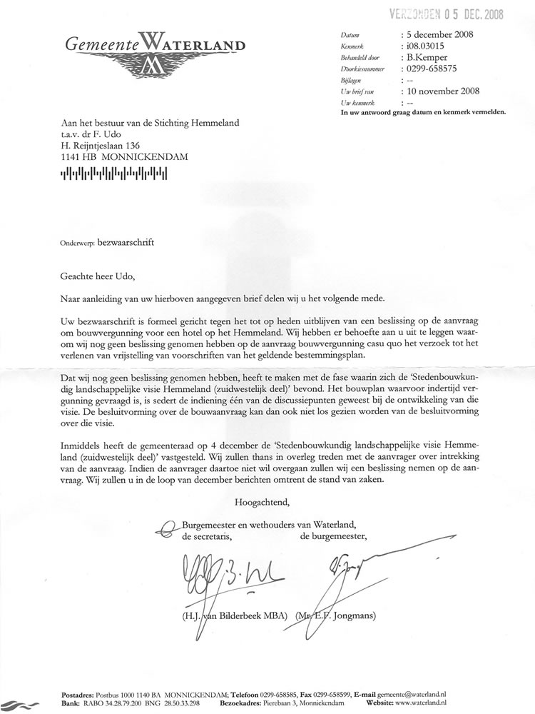 Reactie gemeente op klacht over niet toepassen Woningwet.