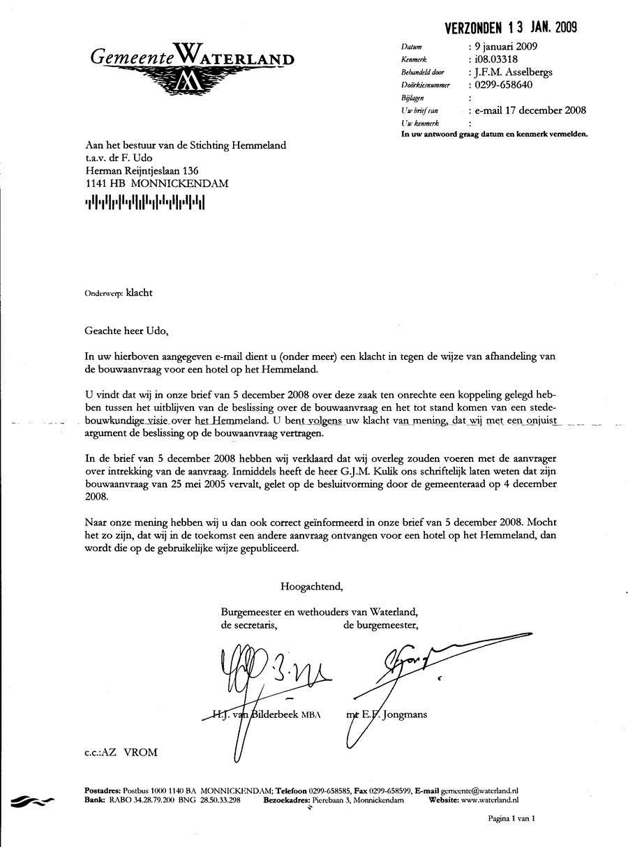 Reactie gemeente op klacht over niet toepassen Woningwet.