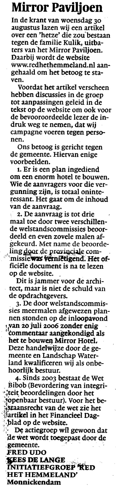commentaar in Noord-Hollands Dagblad 2 sep 2006