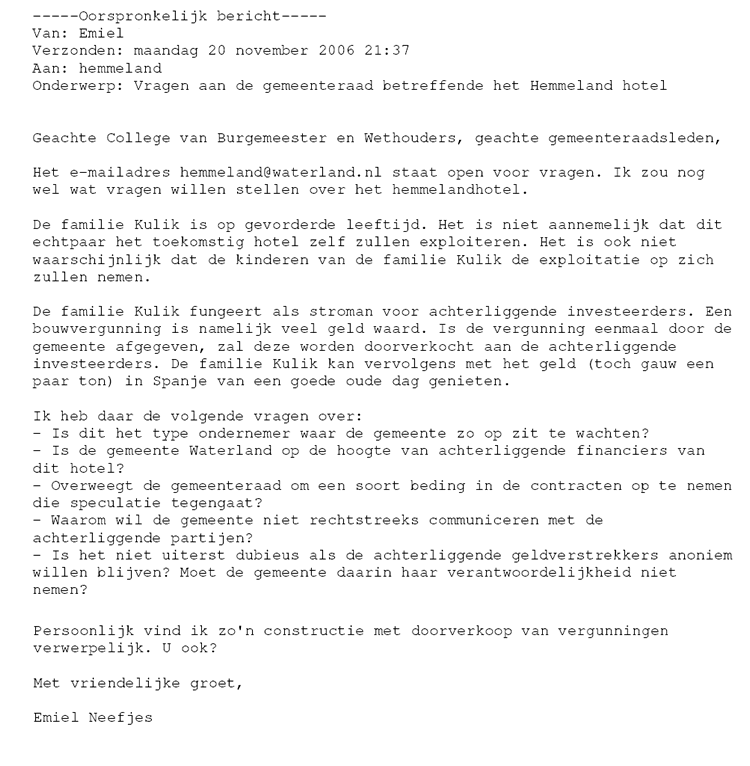 Vragen aan B&W en gemeenteraad 20 november 2006