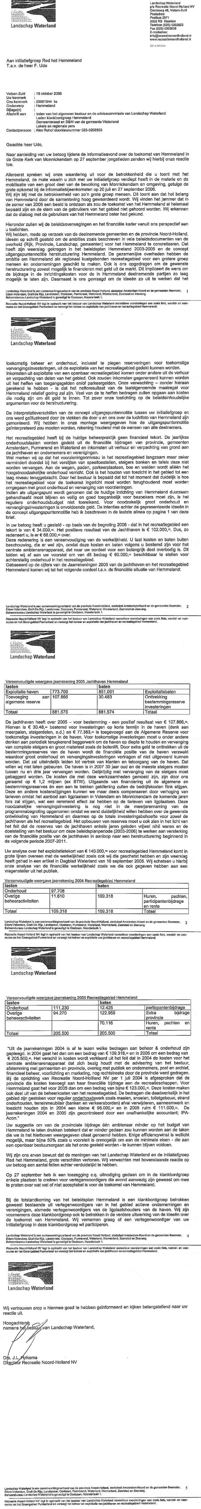 Brief van Landschap Waterland 19 okt 2006