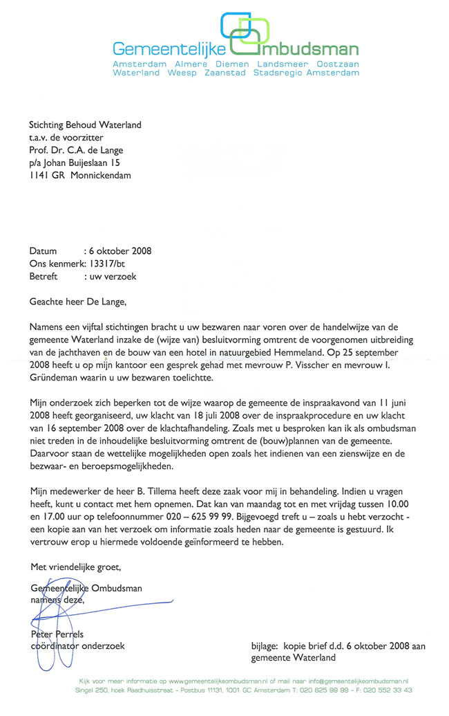 Brief Gemeentelijke Ombudsman over klachten van 5 stichtingen.