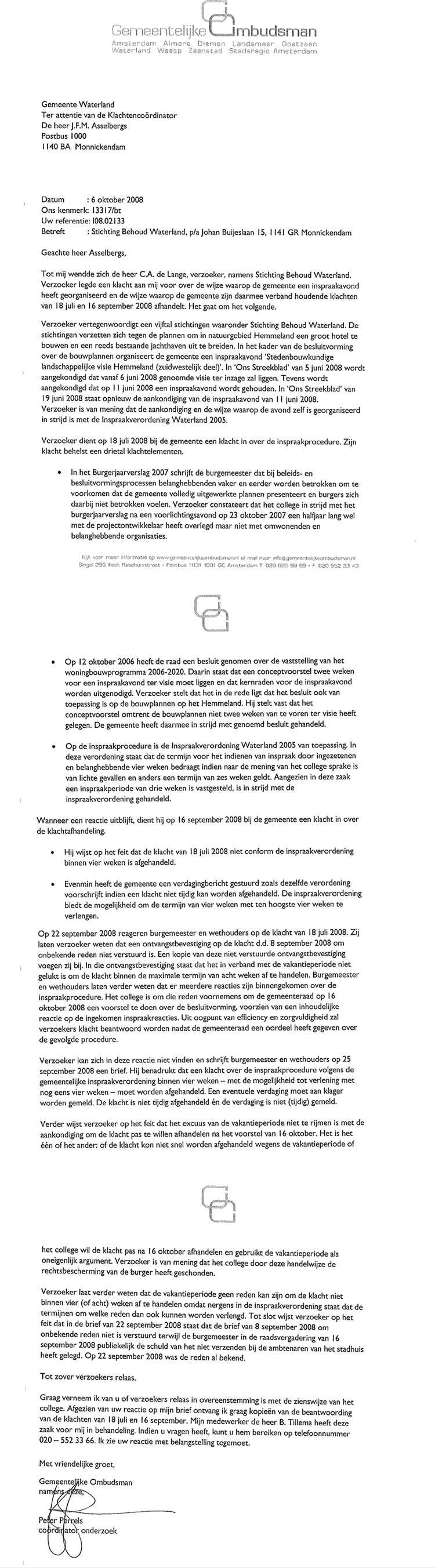 Brief Gemeentelijke Ombudsman aan B&W.