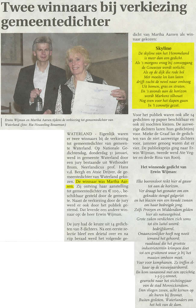 Martha Aarsen en 'De skyline van het Hemmeland' (Ons Streekblad).