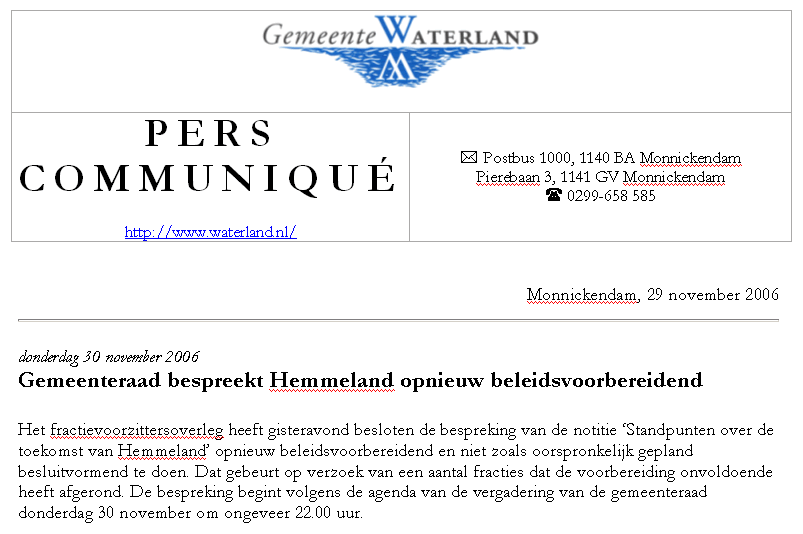Persbericht dat raadsvergadering van 30 november opnieuw beleidsvoorbereidend is