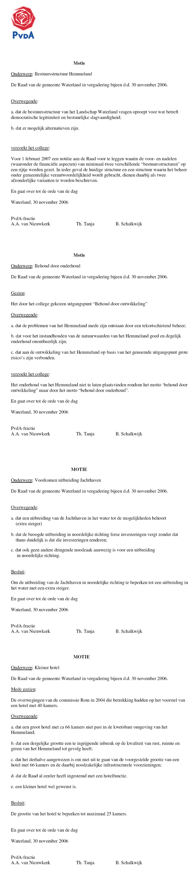 Vier moties van de PvdA over de plannen van B&W met het Hemmeland