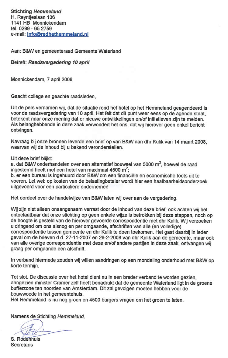 Brief van Stichting Hemmeland aan B&W en raad.